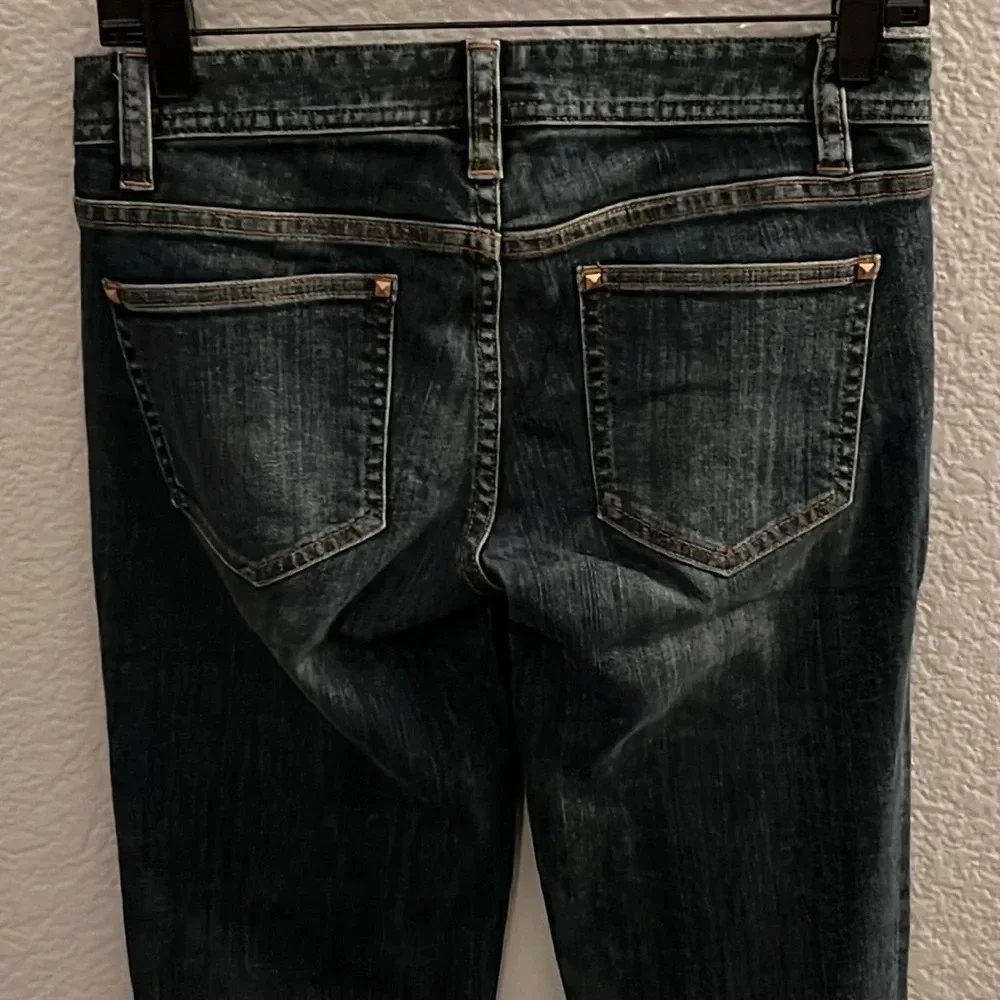 TORY BURCH Dark Wash Gold Logo Hardware Low Rise Super Skinny Jeans SIZE 25